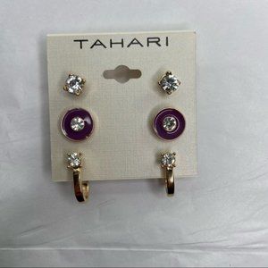 Tahari 3-Pierce Rhinestone Gold Tone Stud Earrings NEW